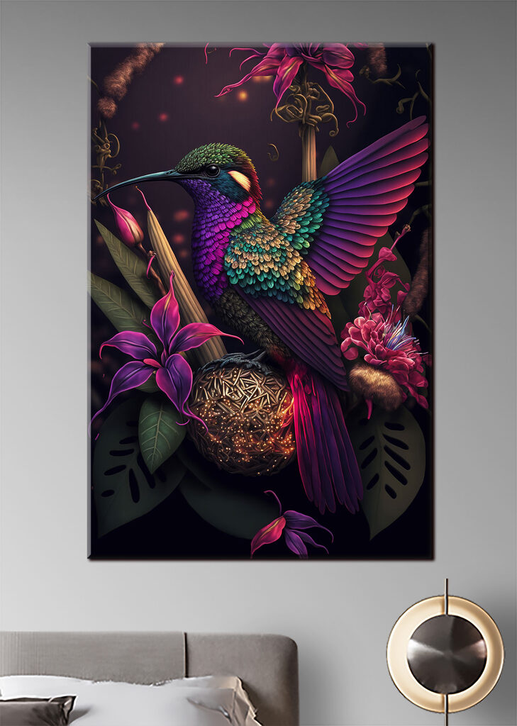 A colorful bird sitting on a ball of flowers A colorful bird sitting on a ball of flowers