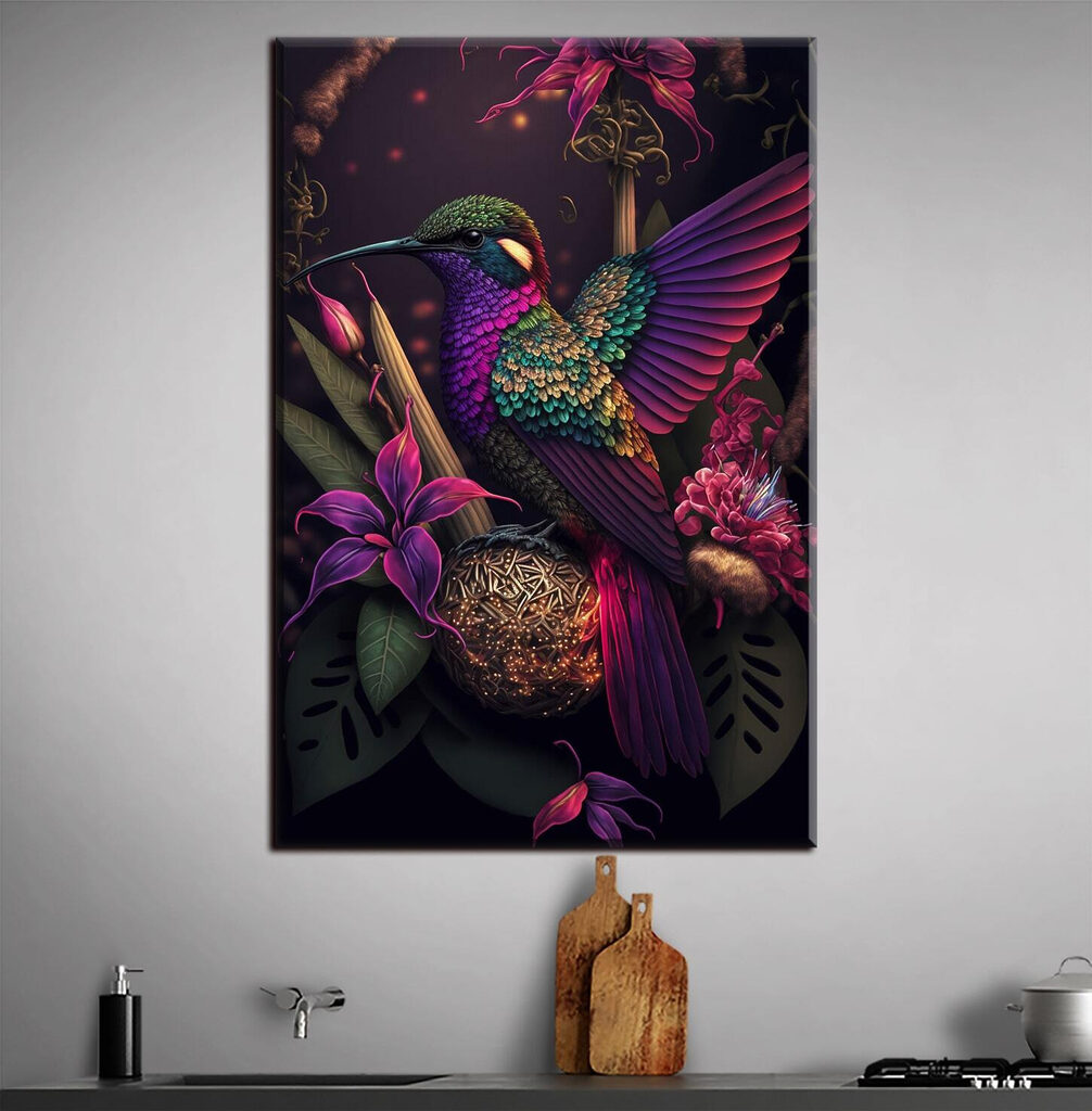 A colorful bird sitting on a ball of flowers A colorful bird sitting on a ball of flowers