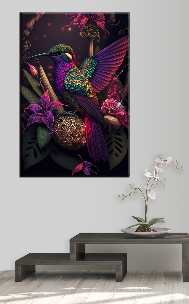 A colorful bird sitting on a ball of flowers A colorful bird sitting on a ball of flowers