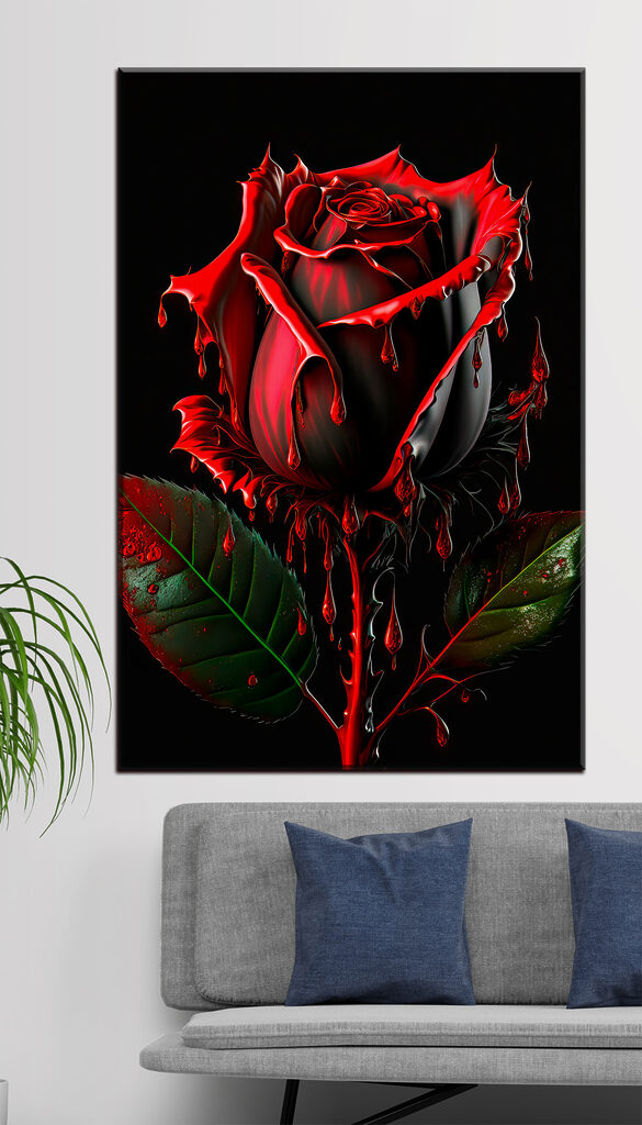 A red rose with green leaves and dripping red paint