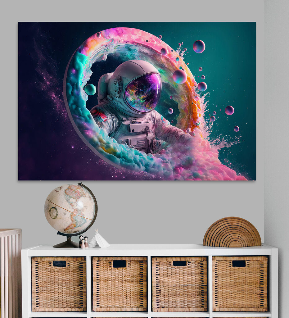 An astronaut in a colorful circle