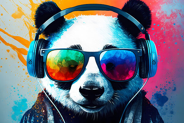 Panda w słuchawkach i okularach przeciwsłonecznych Panda w słuchawkach i okularach przeciwsłonecznych
