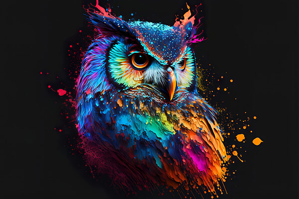 A colorful owl with paint splatters