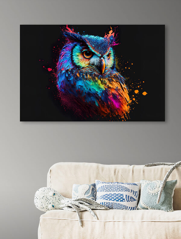 A colorful owl with paint splatters