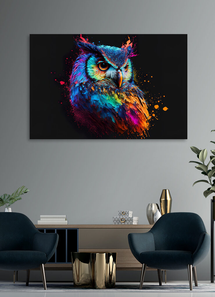 A colorful owl with paint splatters
