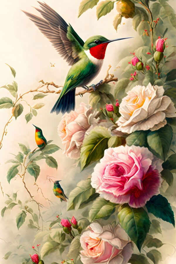 A painting of birds on a branch with flowers A painting of birds on a branch with flowers