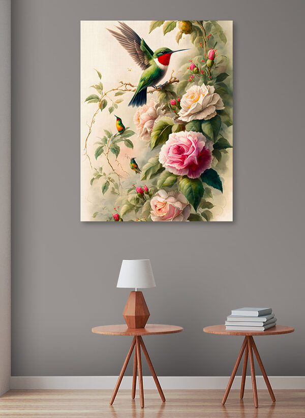 A painting of birds on a branch with flowers A painting of birds on a branch with flowers