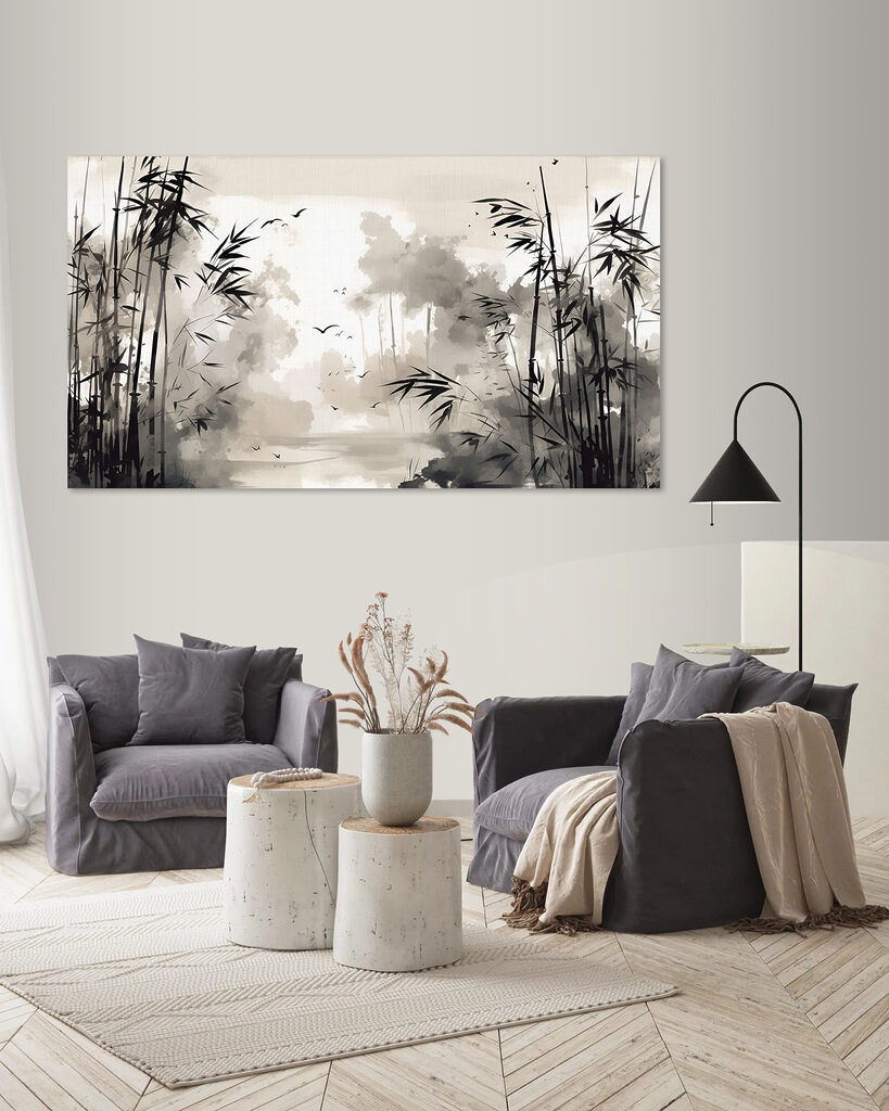 A black and white painting of trees and birds