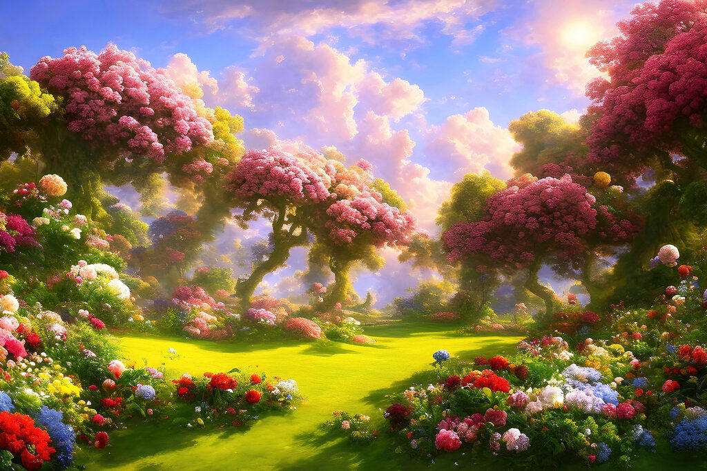 A landscape with trees and flowers A landscape with trees and flowers