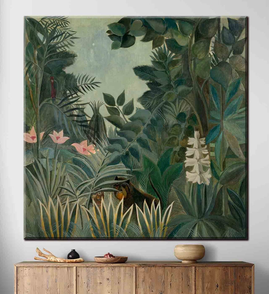 A painting of a jungle with plants and flowers