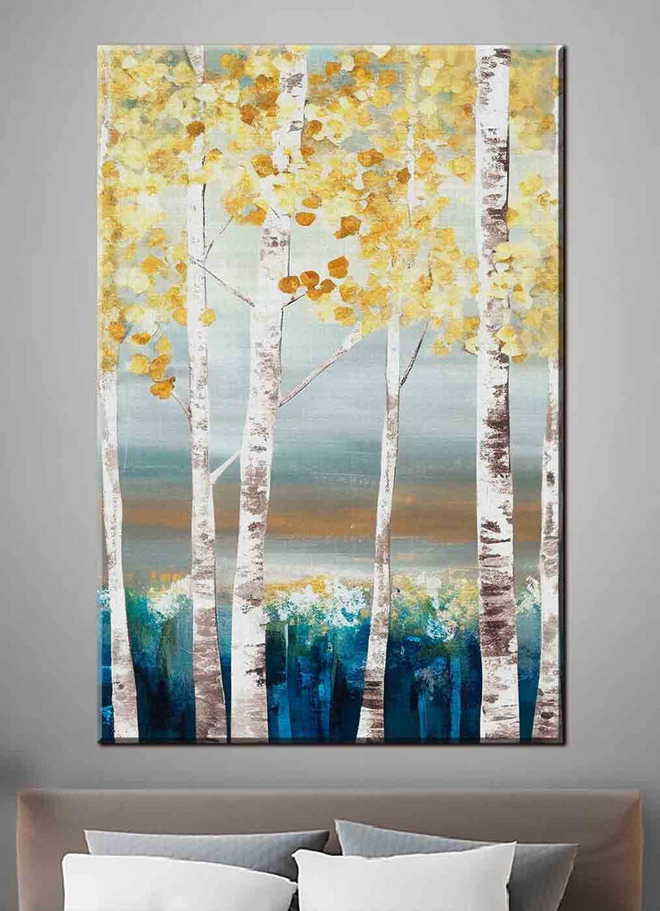 A painting of trees with yellow leaves A painting of trees with yellow leaves