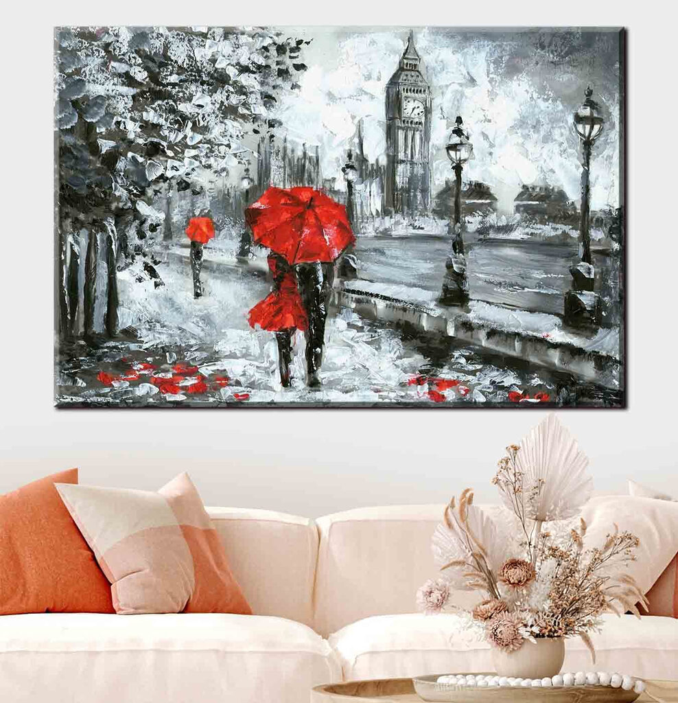 A painting of a couple holding umbrellas in a snowy city A painting of a couple holding umbrellas in a snowy city