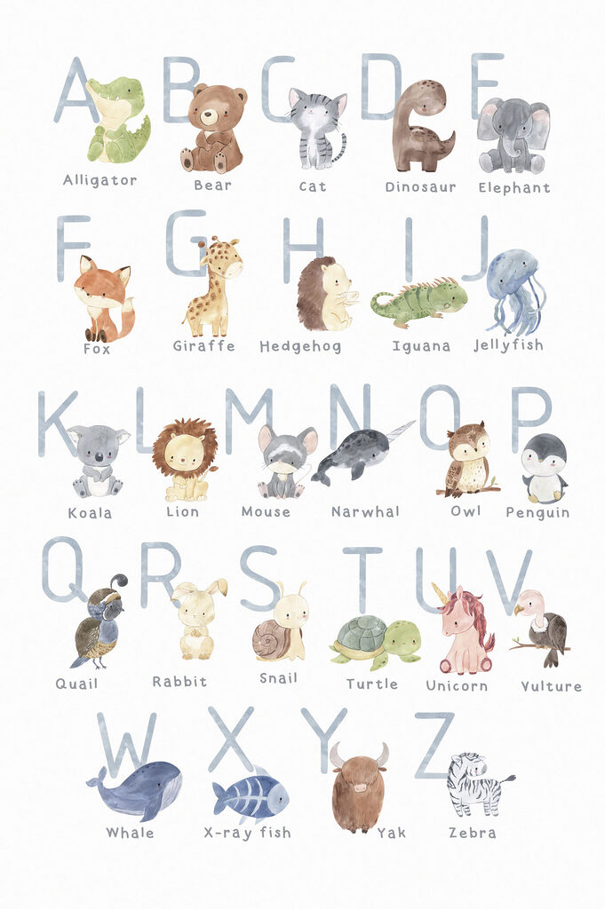 A poster with animals and letters