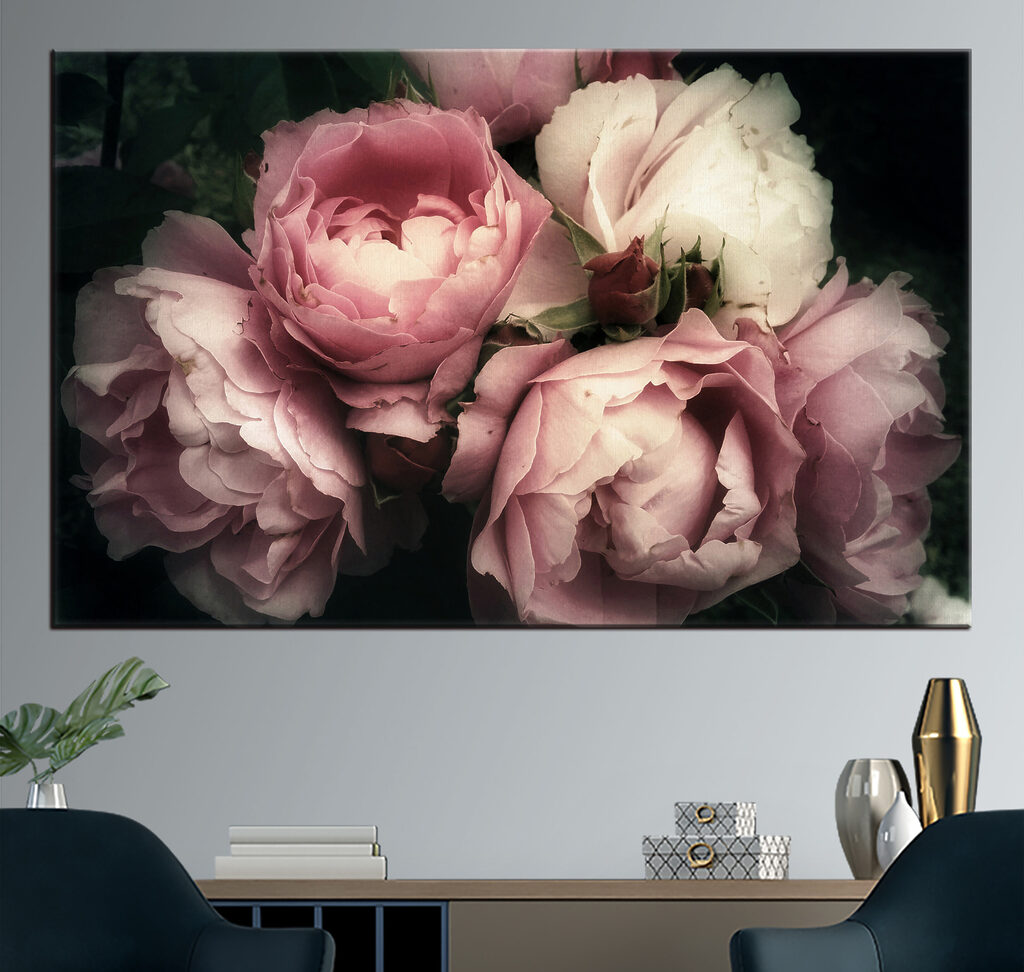 A group of pink and white roses