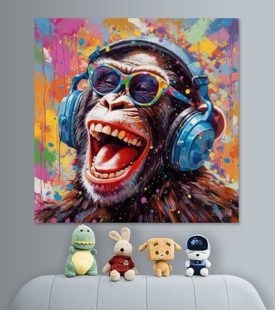 A monkey wearing headphones and sunglasses