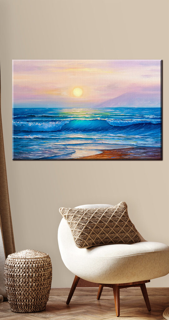 A painting of a beach with waves and a sunset A painting of a beach with waves and a sunset