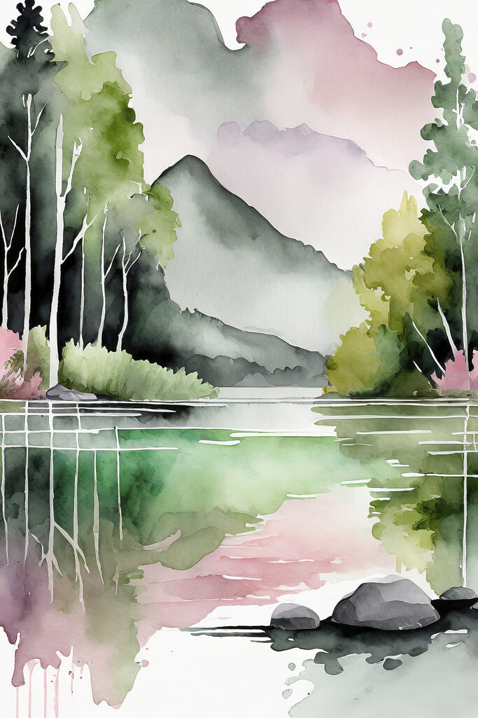 Watercolor painting of a lake with trees and mountains in the background Watercolor painting of a lake with trees and mountains in the background