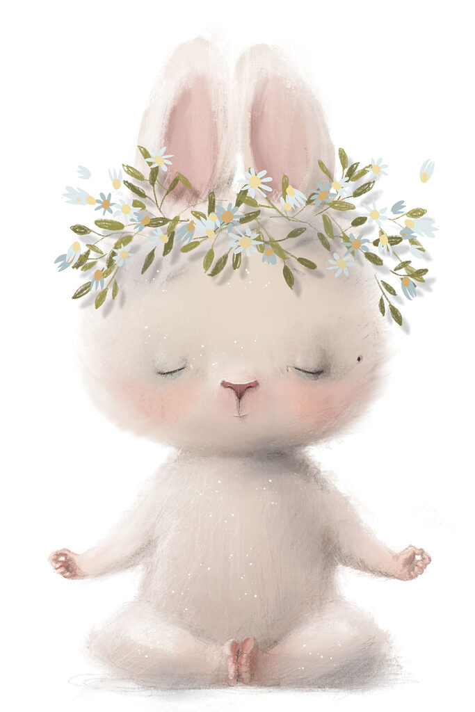 A cartoon of a bunny with flowers on its head