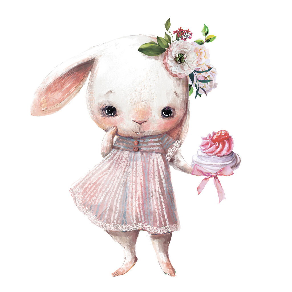 A cartoon of a bunny holding a cupcake