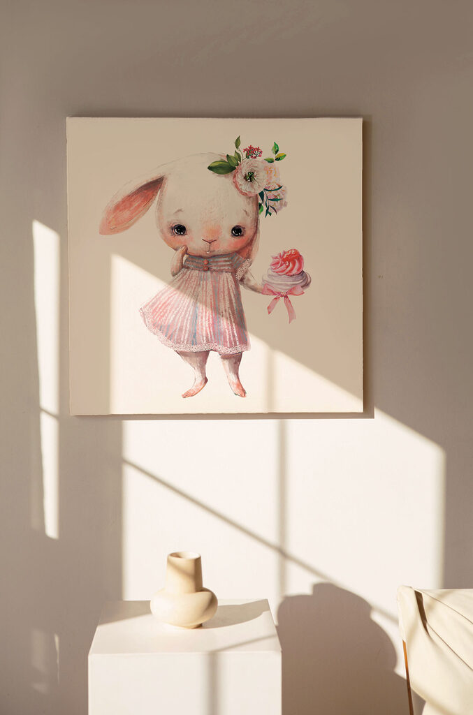 A cartoon of a bunny holding a cupcake