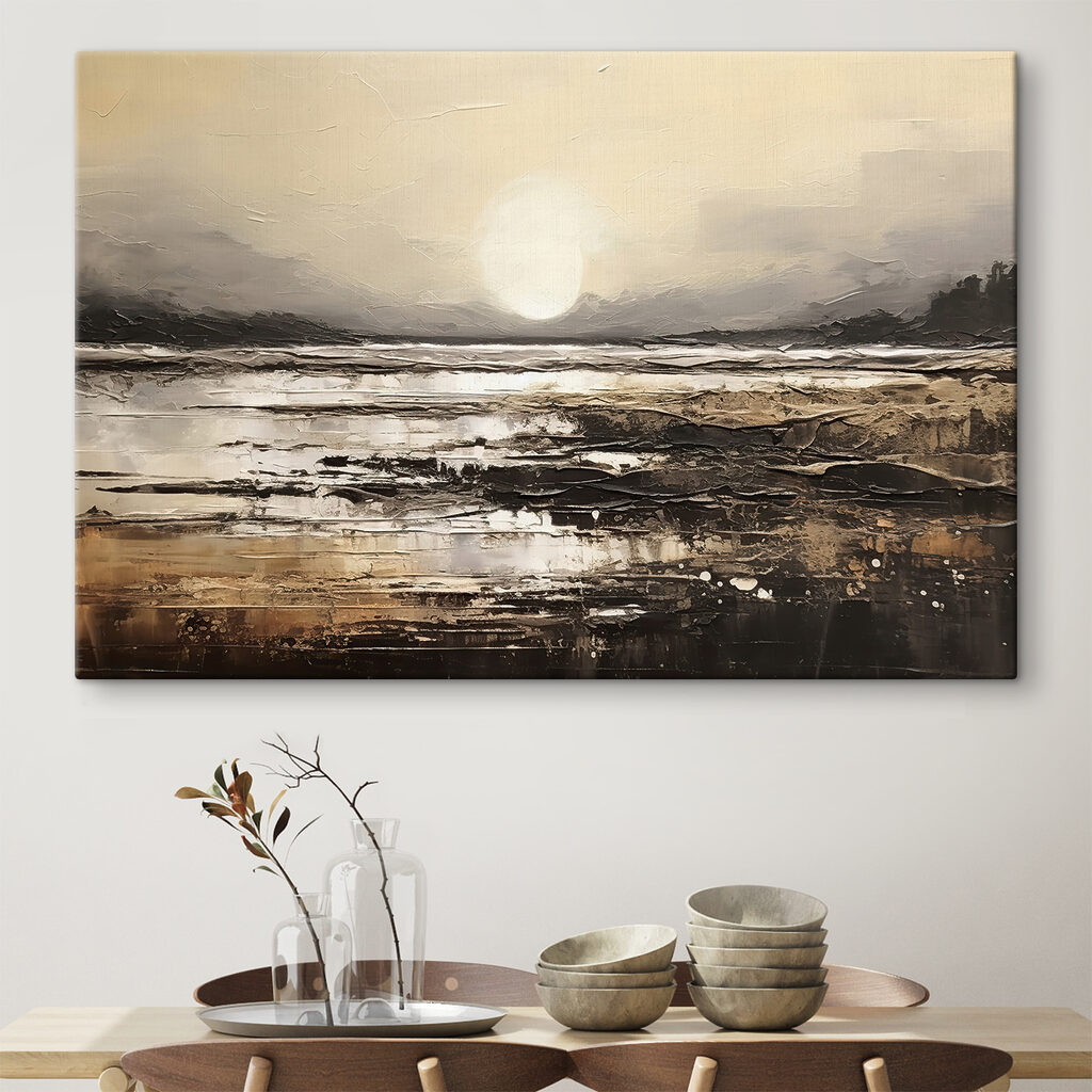 A painting of a beach with the sun in the background