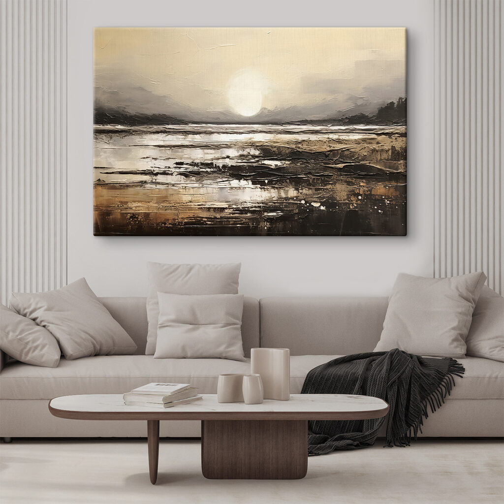 A painting of a beach with the sun in the background