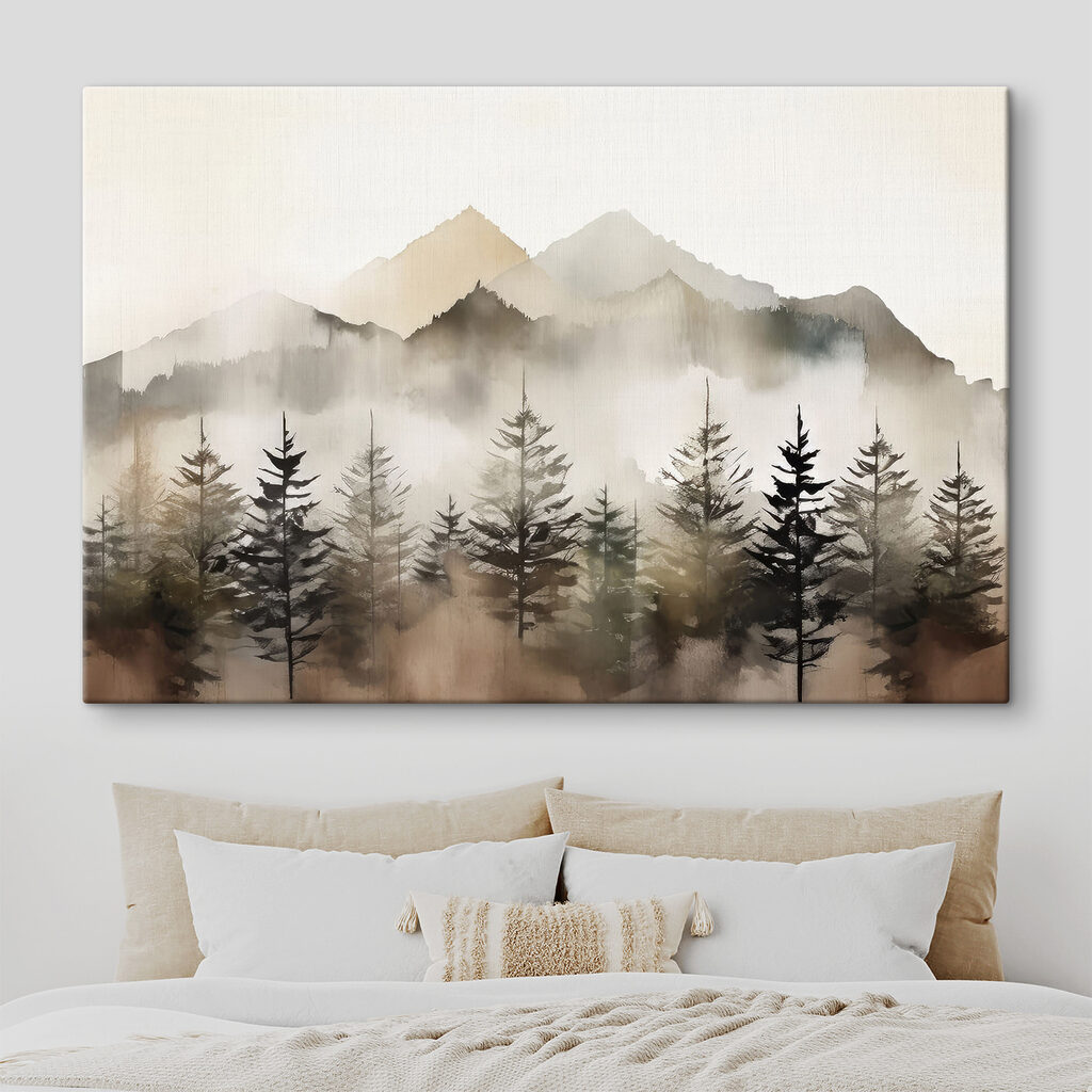 A foggy mountain range with trees