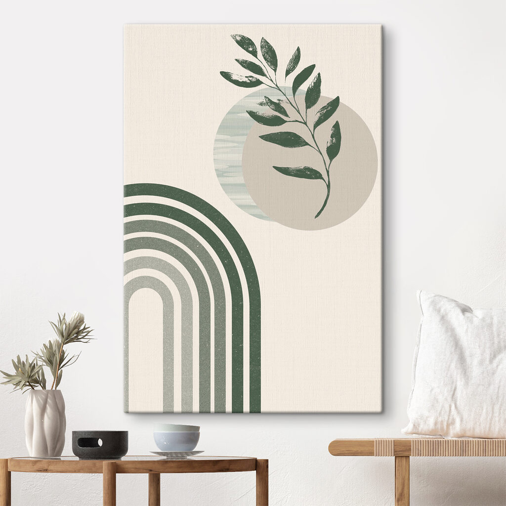 A green and white rainbow with a leaf and a plant A green and white rainbow with a leaf and a plant