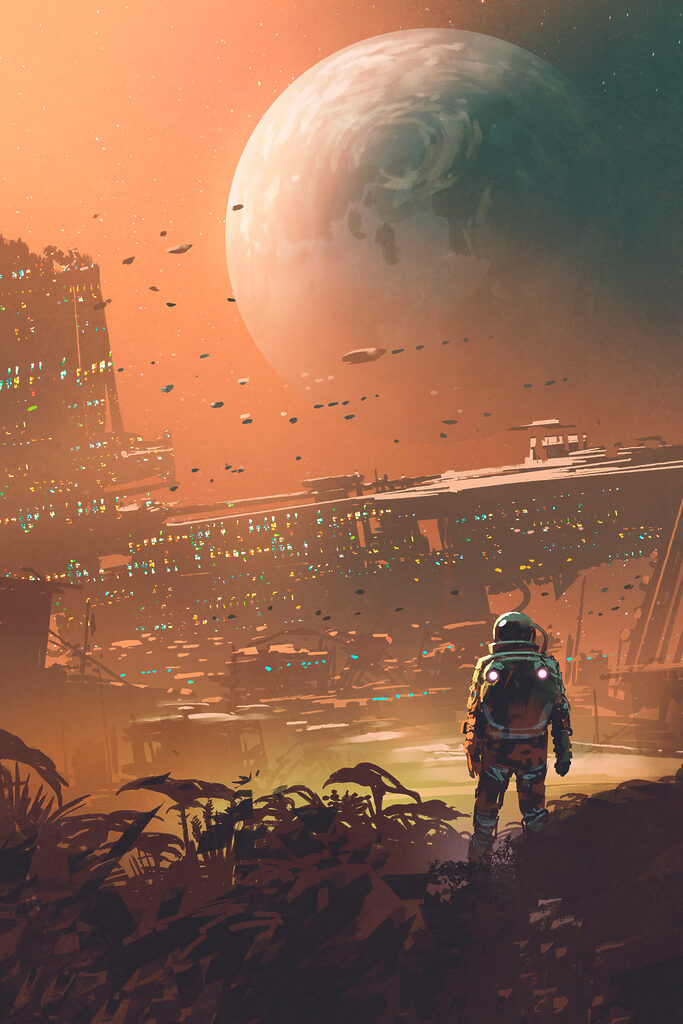 A astronaut walking in a city A astronaut walking in a city