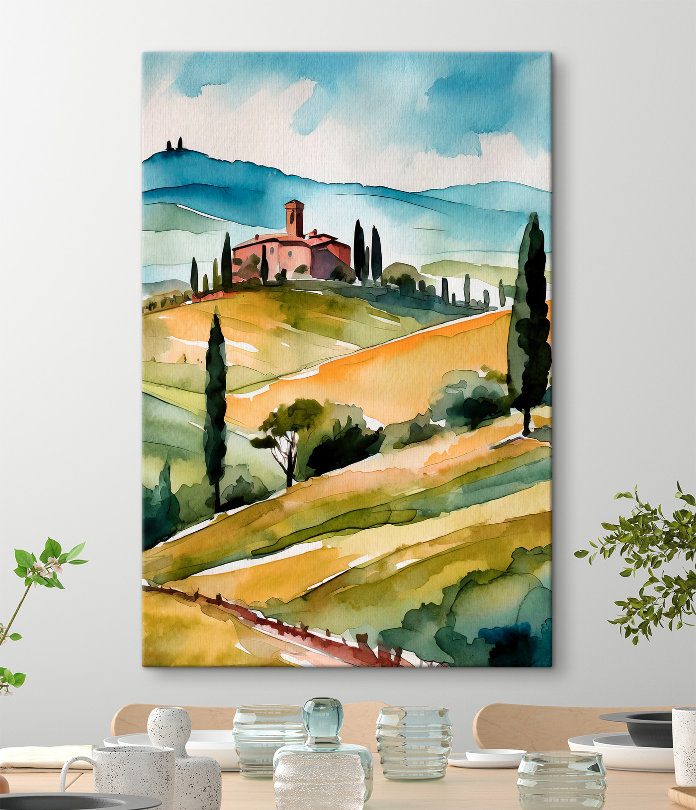 Watercolor of a house on a hill with trees and hills