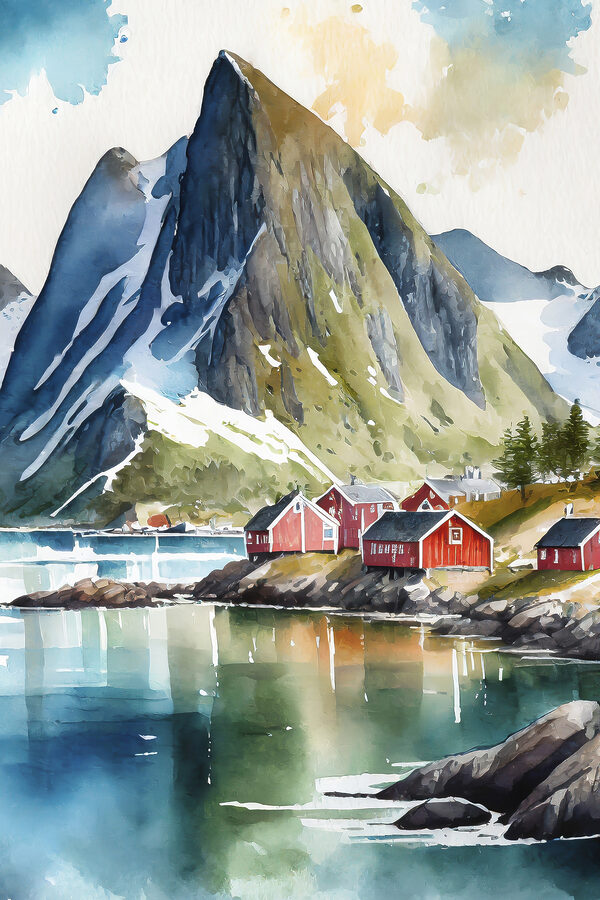 Watercolor painting of a village by a lake and mountains