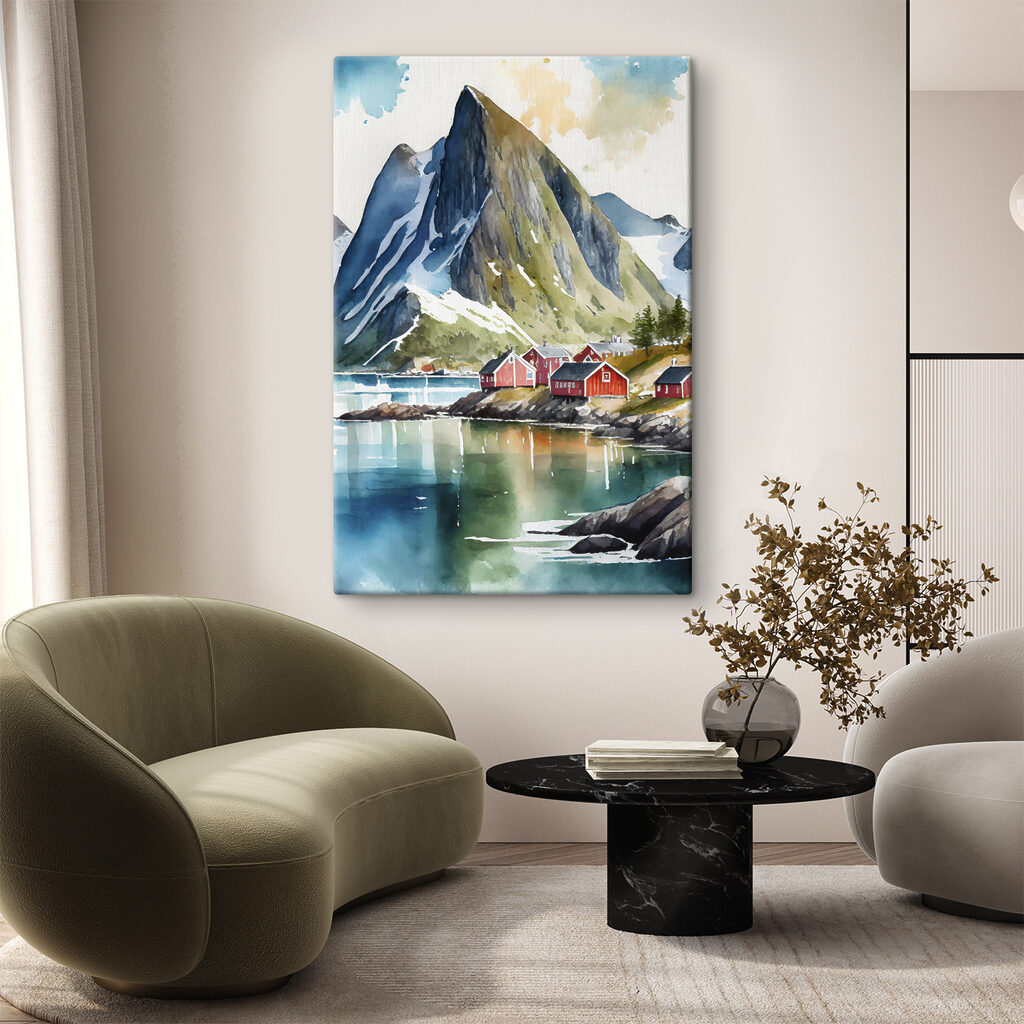 Watercolor painting of a village by a lake and mountains