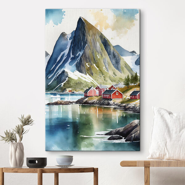 Watercolor painting of a village by a lake and mountains