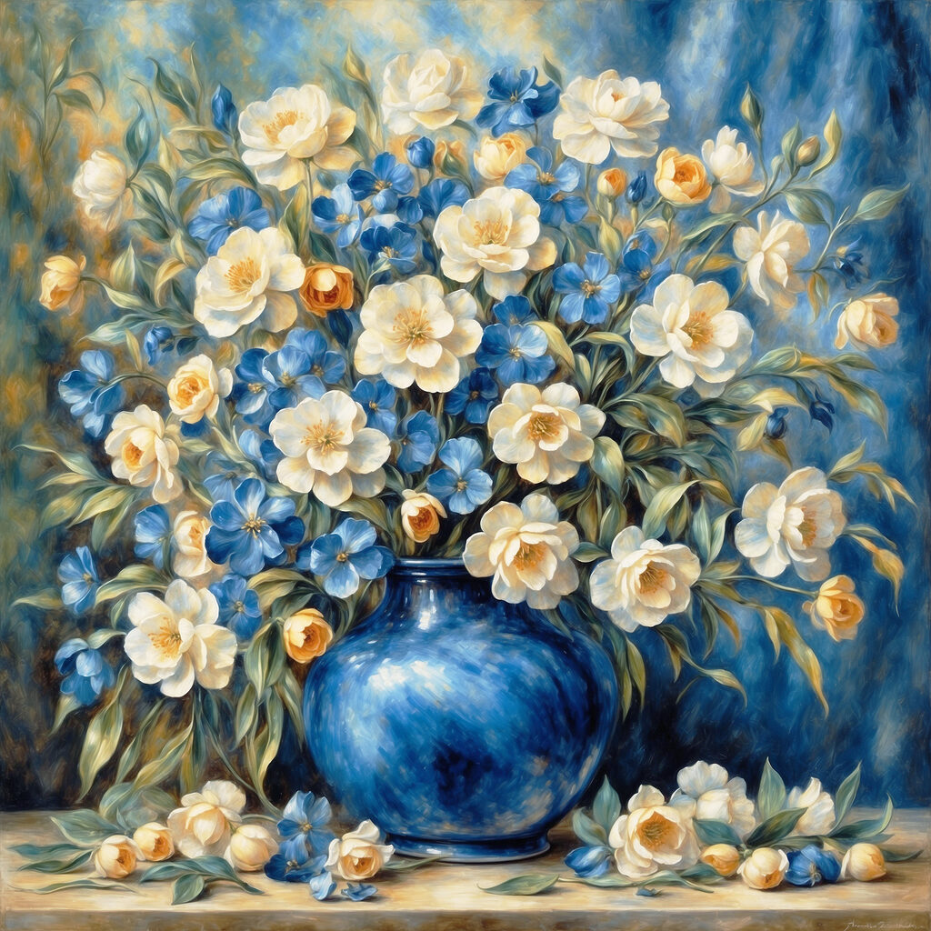 A painting of flowers in a blue vase A painting of flowers in a blue vase