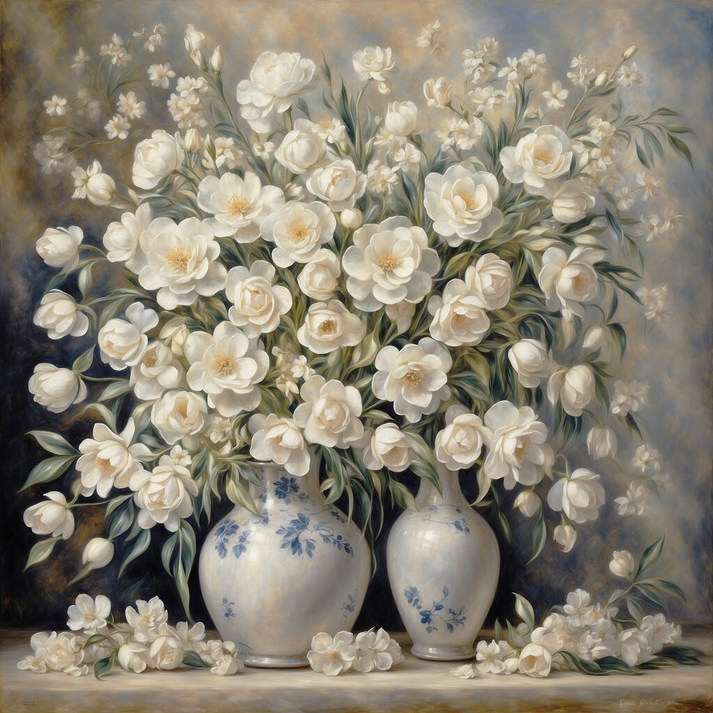 A painting of white flowers in vases A painting of white flowers in vases