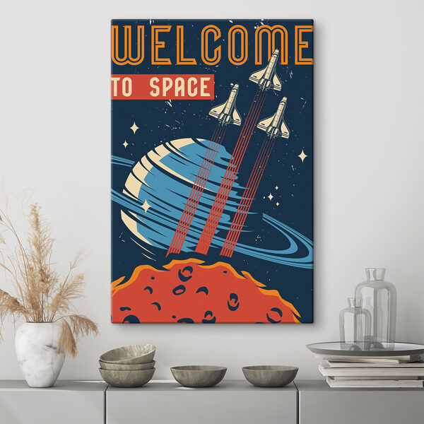 Plakat z promami kosmicznymi lecącymi po niebie Plakat z promami kosmicznymi lecącymi po niebie