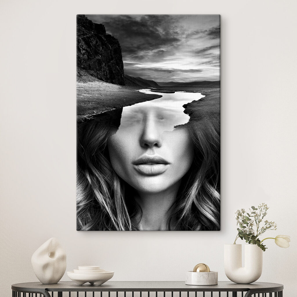 A woman's face with a river and mountains