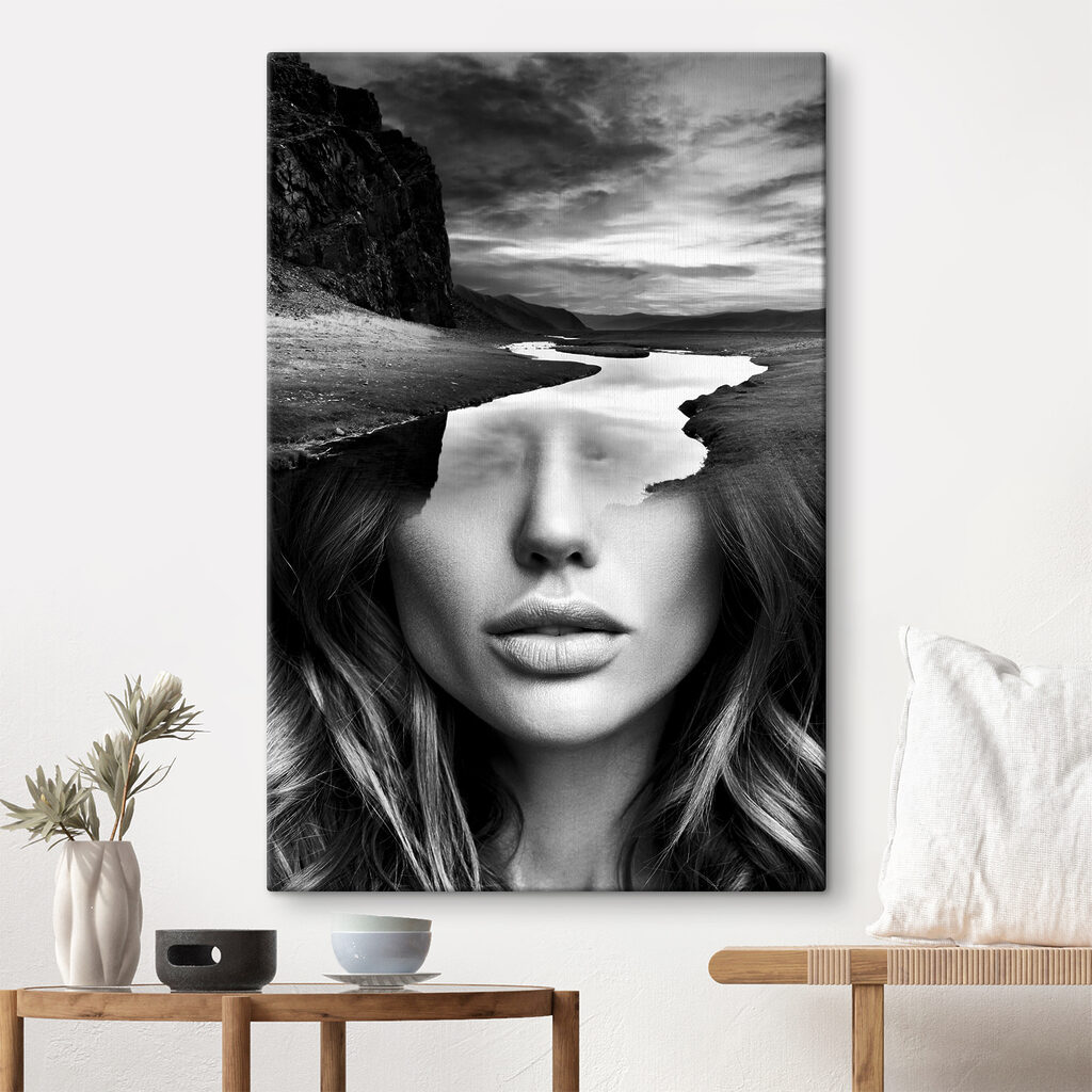 A woman's face with a river and mountains
