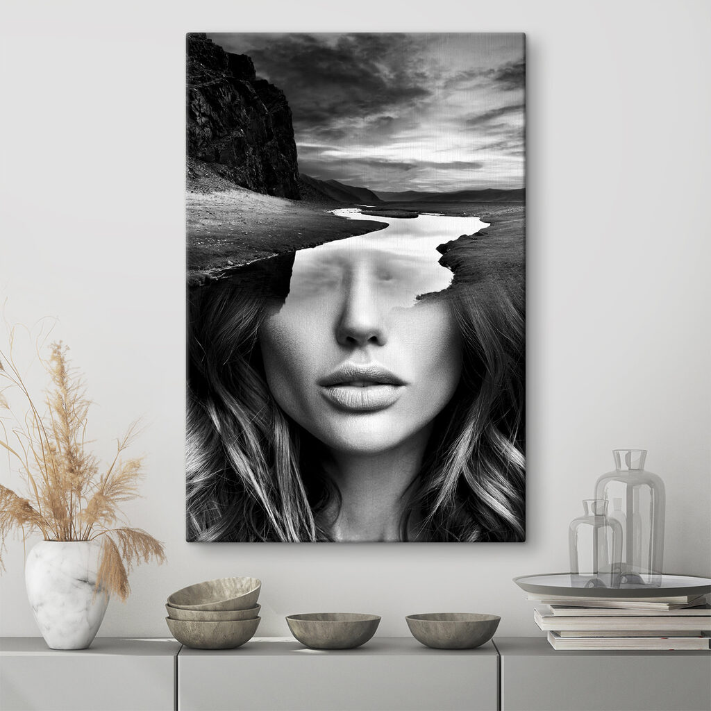 A woman's face with a river and mountains