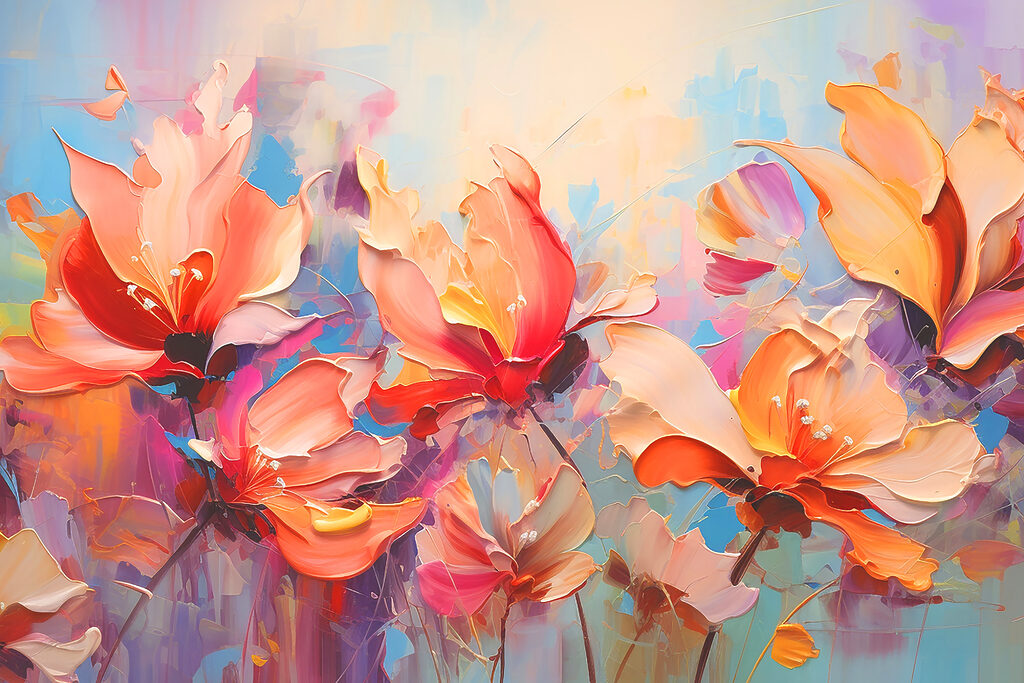 A painting of flowers on a blue background