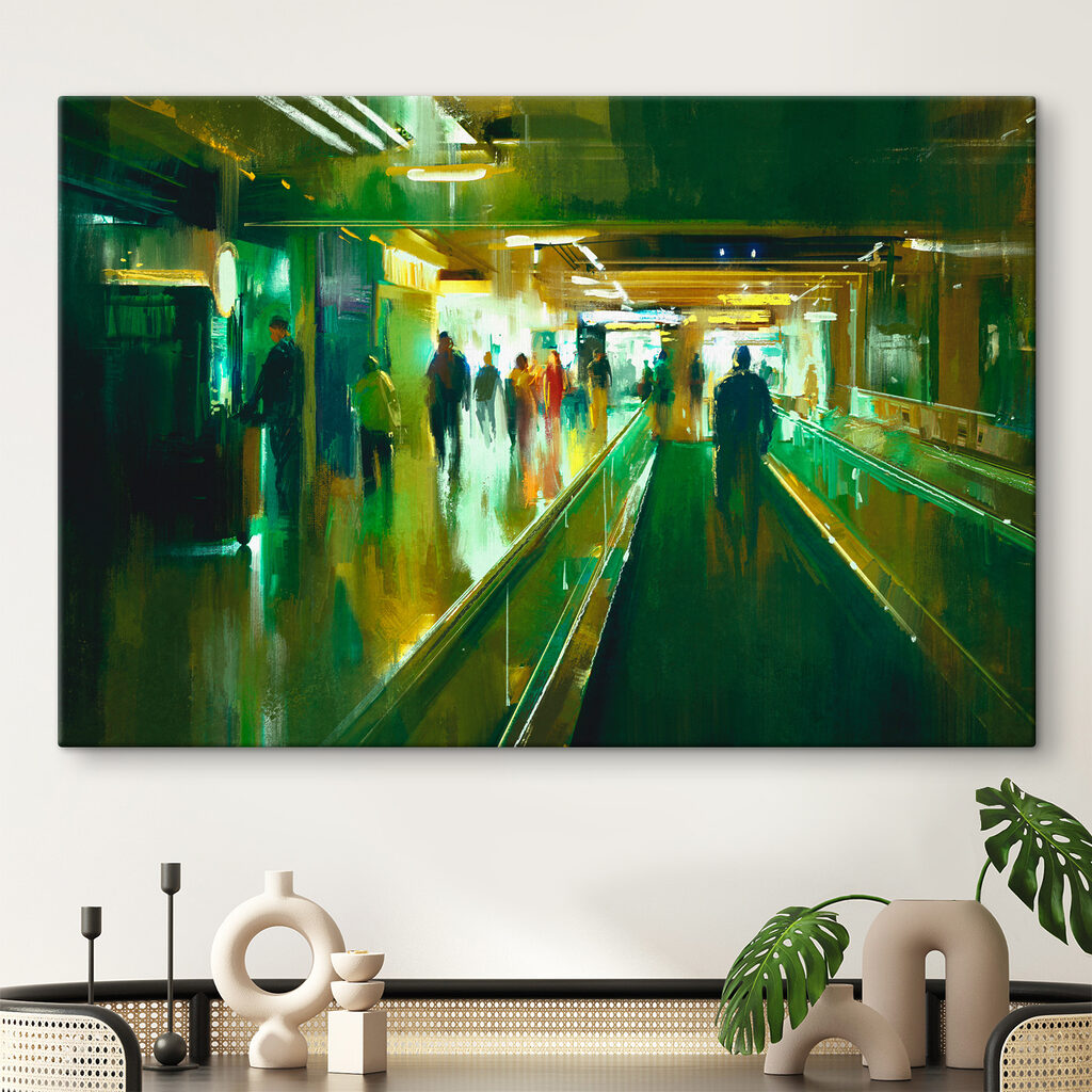 A group of people walking on an escalator