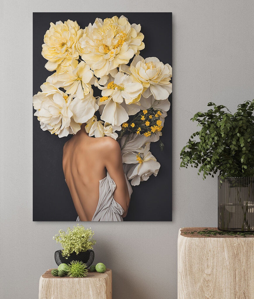 A woman with flowers over her head