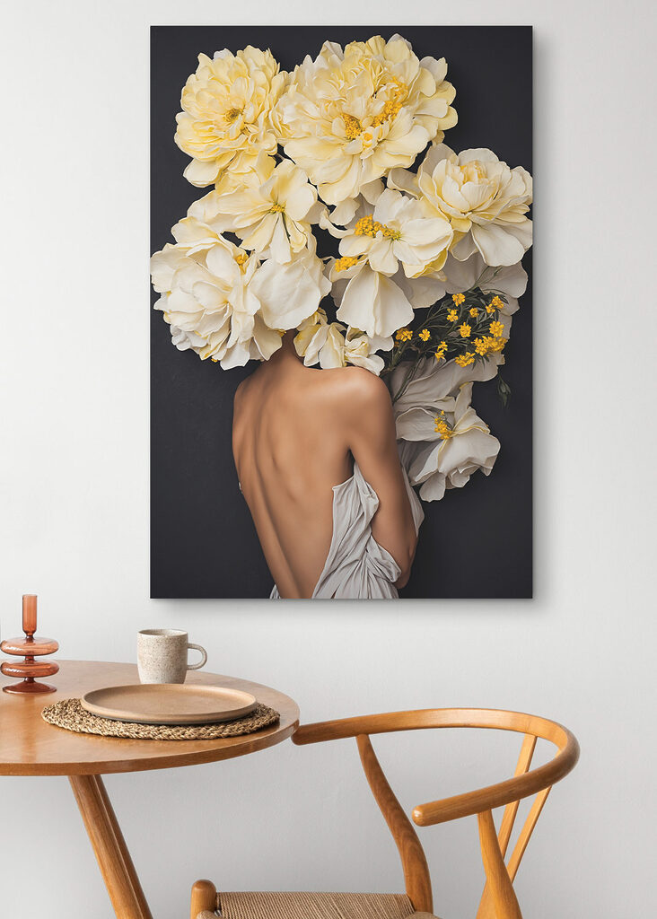 A woman with flowers over her head