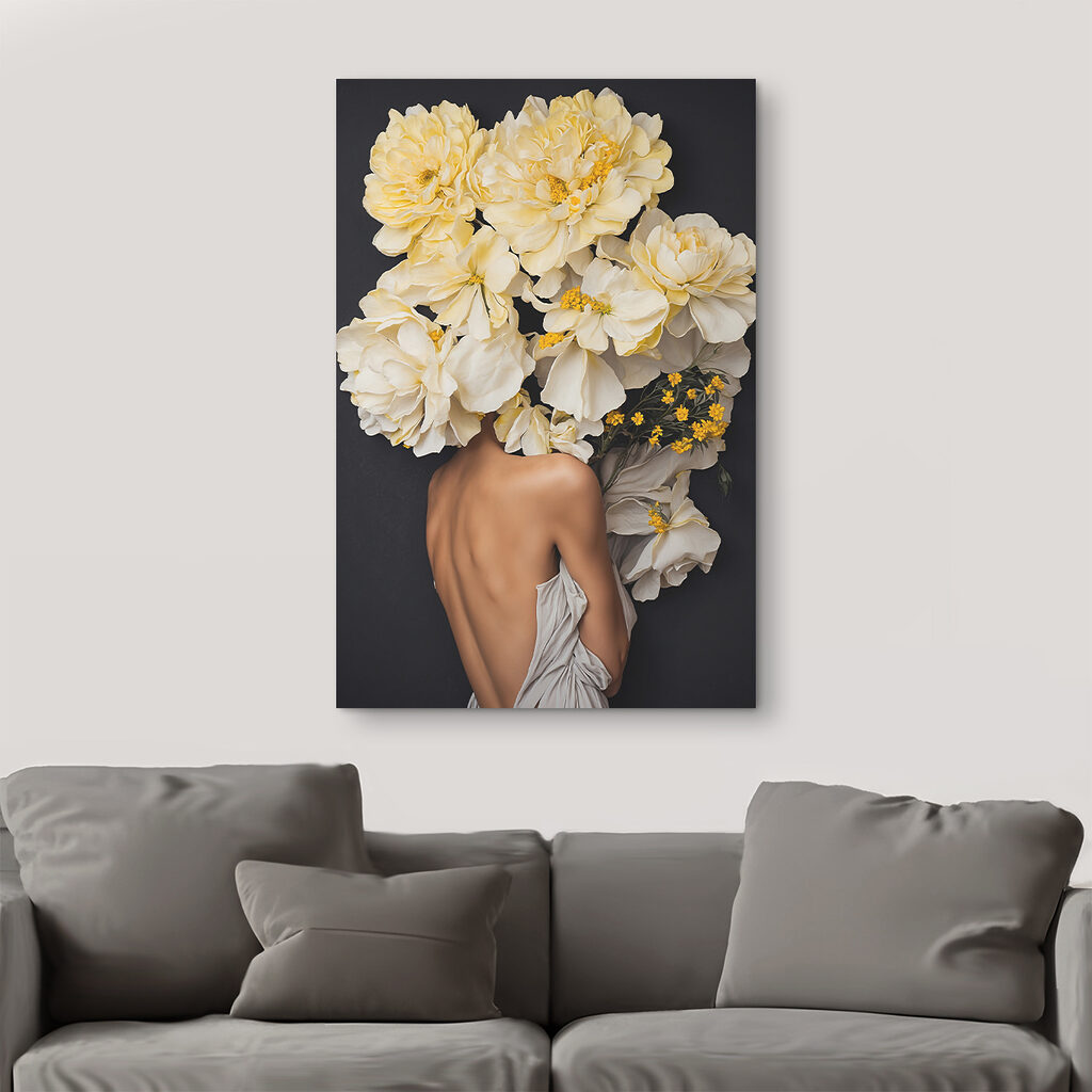 A woman with flowers over her head