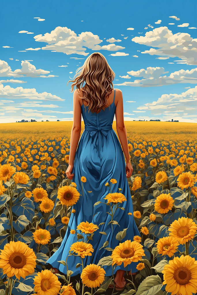 A woman in a blue dress in a field of sunflowers