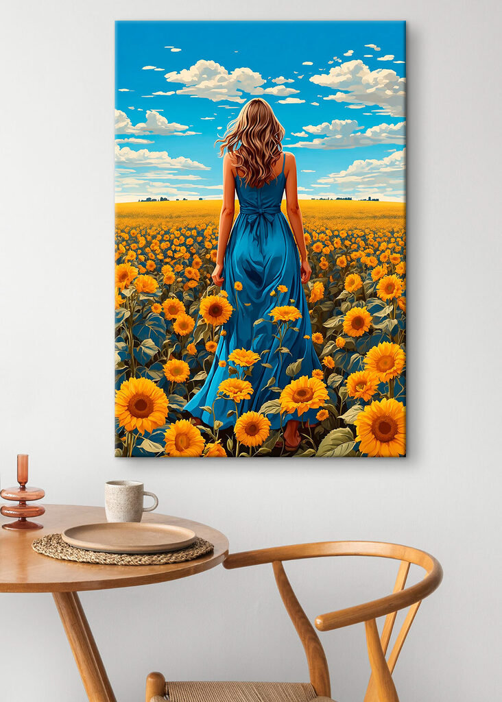 A woman in a blue dress in a field of sunflowers