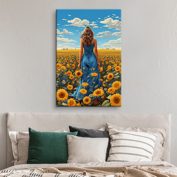 A woman in a blue dress in a field of sunflowers