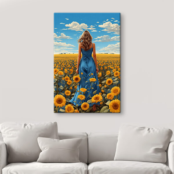 A woman in a blue dress in a field of sunflowers