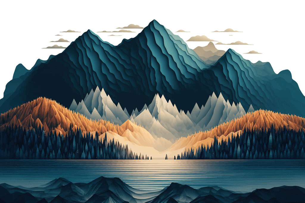 A mountain range with trees and a lake A mountain range with trees and a lake