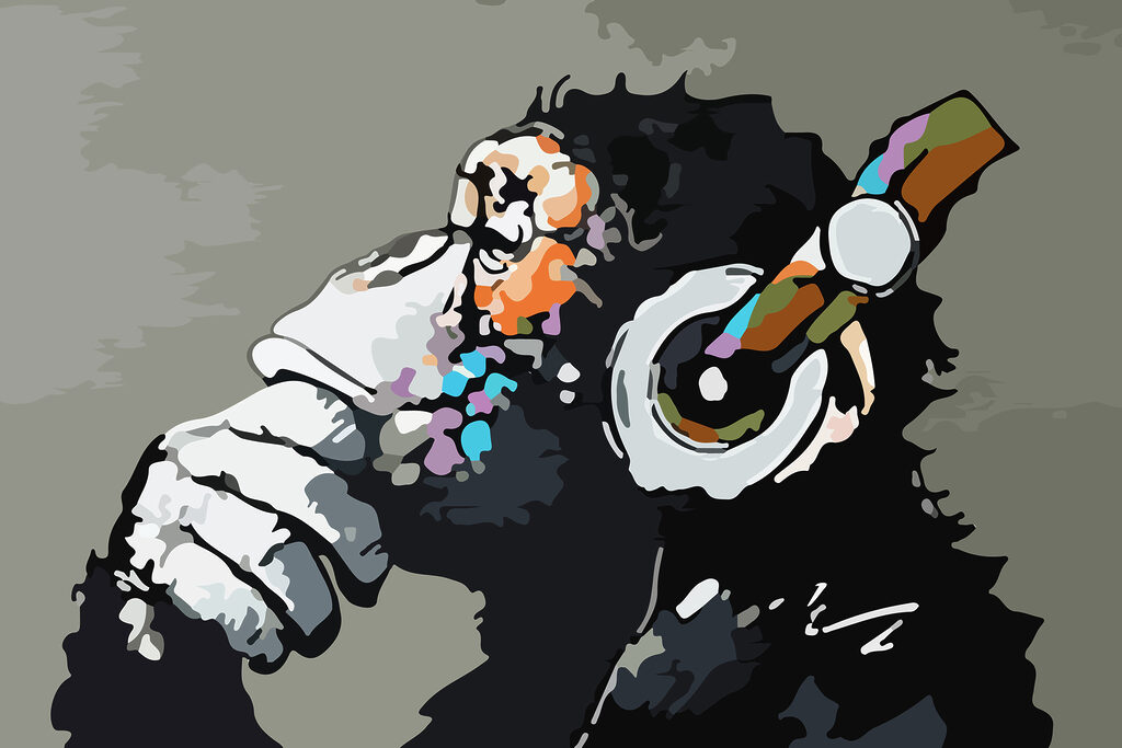 A cartoon of a monkey holding a headphone A cartoon of a monkey holding a headphone